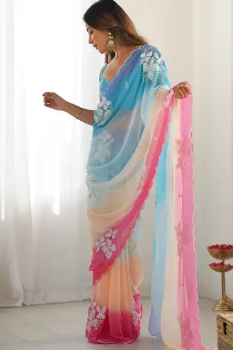 Multicolor georgette embroidery border & sequins saree whit blouse