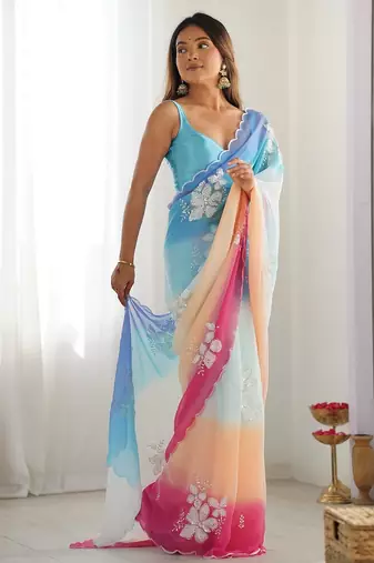 Multicolor georgette embroidery border & sequins saree whit blouse