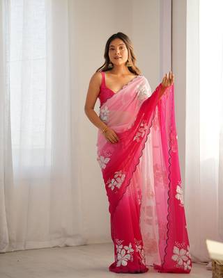 Light pink georgette embroidery border & sequins saree whit blouse 1