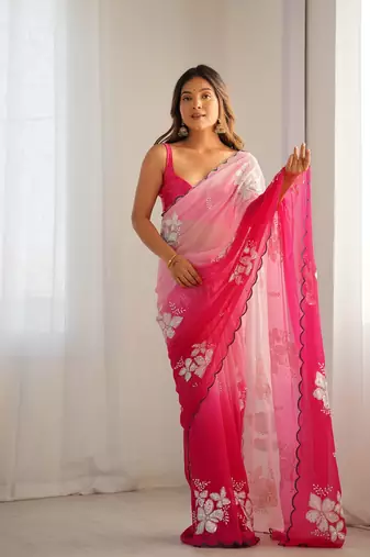 Light pink georgette embroidery border & sequins saree whit blouse