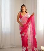 Light pink georgette embroidery border & sequins saree whit blouse