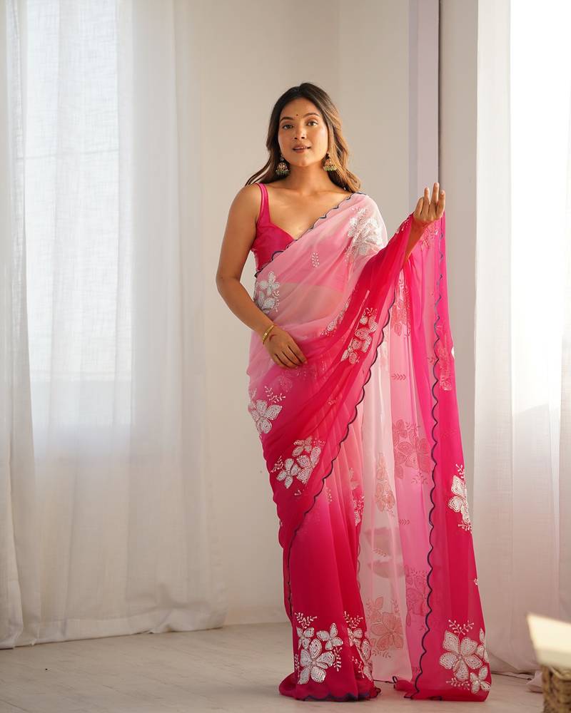 Light pink georgette embroidery border & sequins saree whit blouse