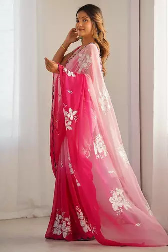 Light pink georgette embroidery border & sequins saree whit blouse