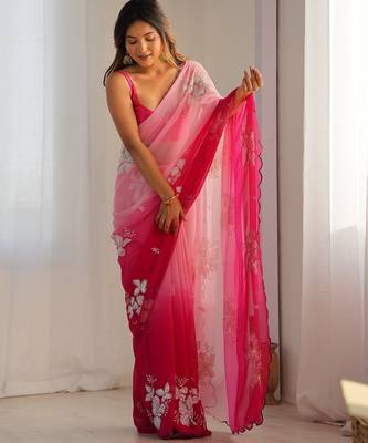 Light pink georgette embroidery border & sequins saree whit blouse 5