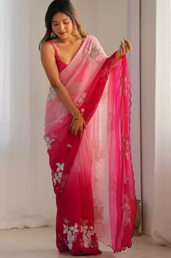 Light pink georgette embroidery border & sequins saree whit blouse