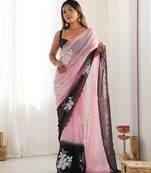 Pink & black georgette embroidery border & sequins saree whit blouse