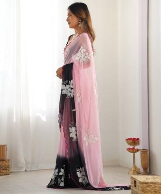 Pink & black georgette embroidery border & sequins saree whit blouse 3