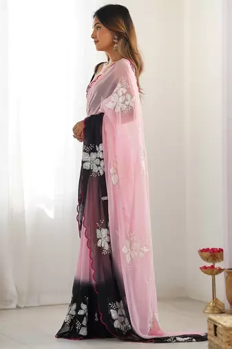 Pink & black georgette embroidery border & sequins saree whit blouse