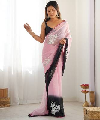 Pink & black georgette embroidery border & sequins saree whit blouse 4