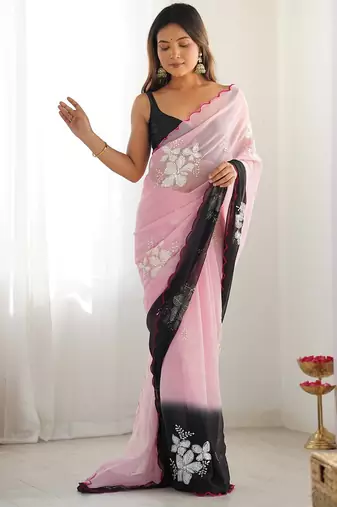 Pink & black georgette embroidery border & sequins saree whit blouse