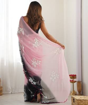Pink & black georgette embroidery border & sequins saree whit blouse 5