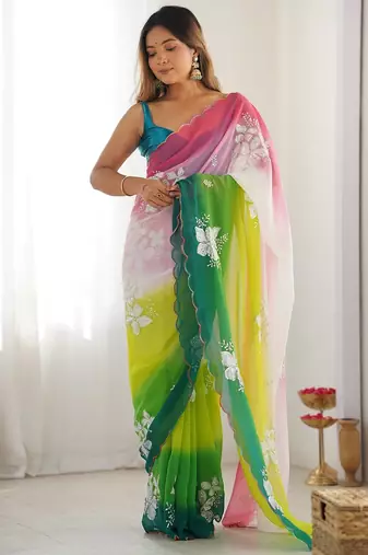 Multicolor georgette embroidery border & sequins saree whit blouse