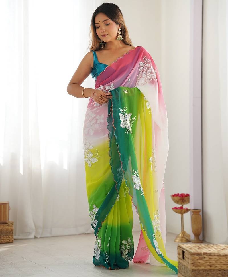 Multicolor georgette embroidery border & sequins saree whit blouse