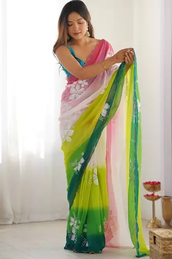 Multicolor georgette embroidery border & sequins saree whit blouse