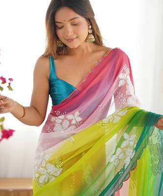 Multicolor georgette embroidery border & sequins saree whit blouse 3