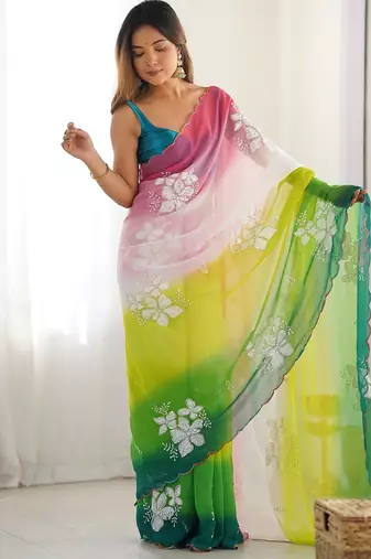 Multicolor georgette embroidery border & sequins saree whit blouse