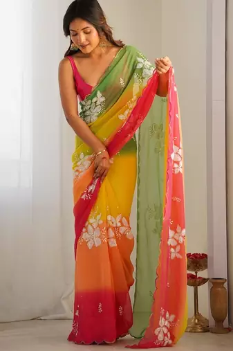Multicolor georgette embroidery border & sequins saree whit blouse
