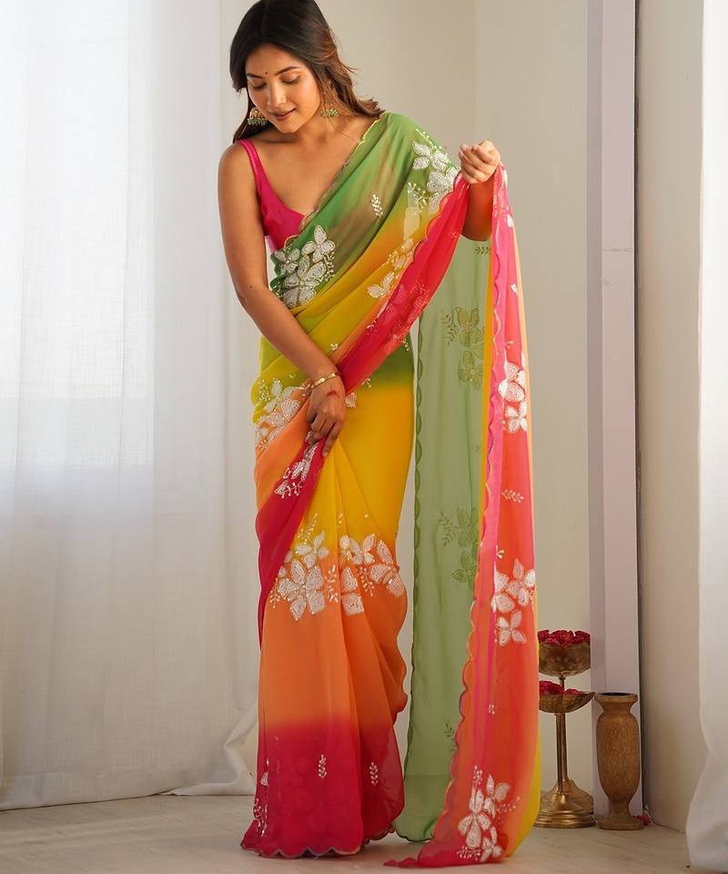 Multicolor georgette embroidery border & sequins saree whit blouse