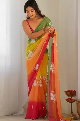 Multicolor georgette embroidery border & sequins saree whit blouse