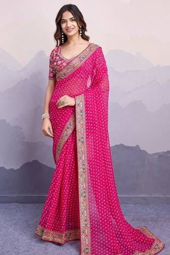 Pink georgette thared work embroidery border & leheriya printed saree whit blouse