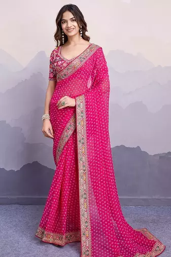 Pink georgette thared work embroidery border & leheriya printed saree whit blouse