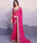 Pink georgette thared work embroidery border & leheriya printed saree whit blouse