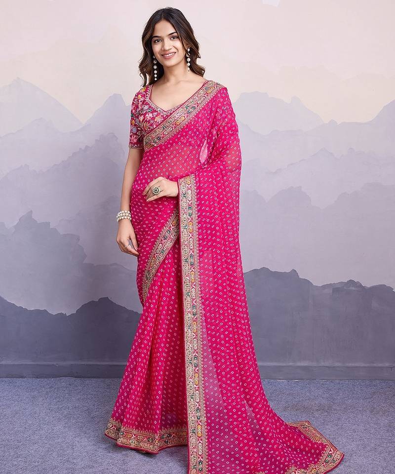 Pink georgette thared work embroidery border & leheriya printed saree whit blouse