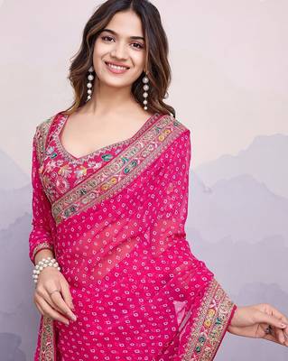 Pink georgette thared work embroidery border & leheriya printed saree whit blouse 2