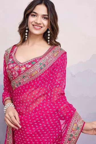 Pink georgette thared work embroidery border & leheriya printed saree whit blouse