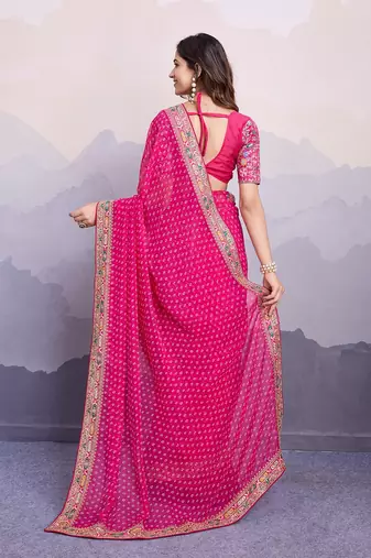 Pink georgette thared work embroidery border & leheriya printed saree whit blouse