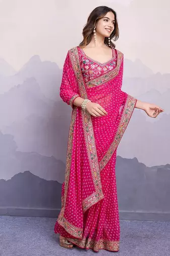 Pink georgette thared work embroidery border & leheriya printed saree whit blouse