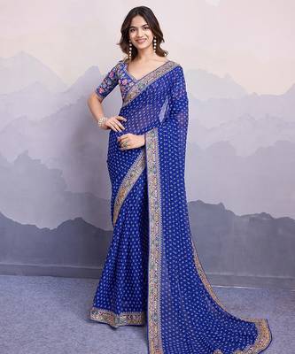 Blue georgette thared work embroidery border & leheriya printed saree whit blouse 1