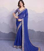 Blue georgette thared work embroidery border & leheriya printed saree whit blouse