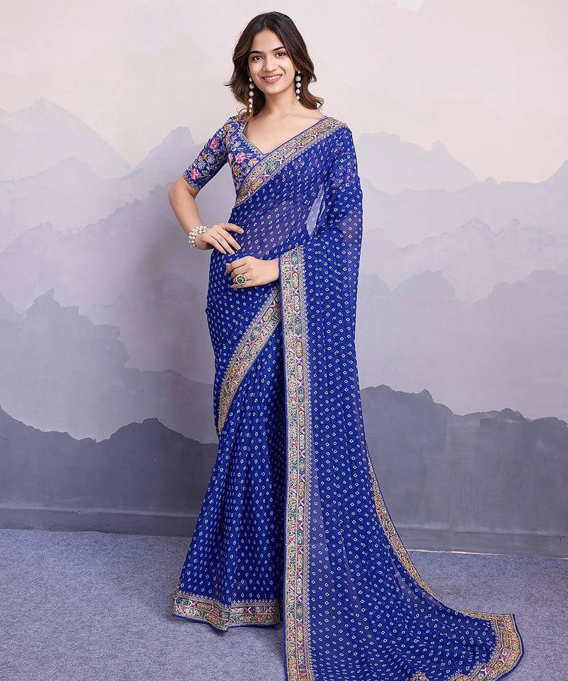Blue georgette thared work embroidery border & leheriya printed saree whit blouse