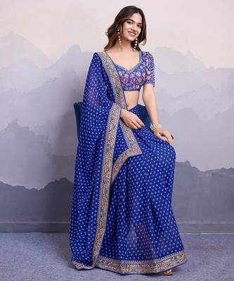 Blue georgette thared work embroidery border & leheriya printed saree whit blouse 3