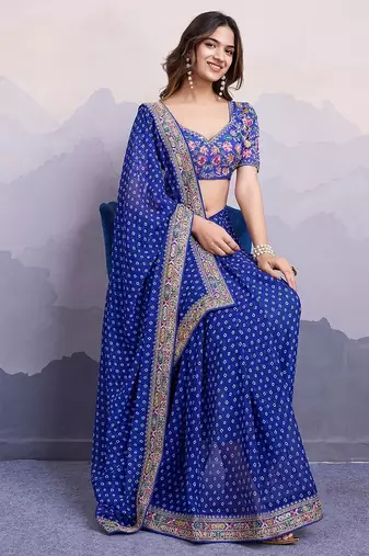 Blue georgette thared work embroidery border & leheriya printed saree whit blouse