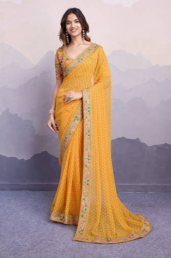 Yellow georgette thared work embroidery border & leheriya printed saree whit blouse