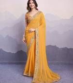Yellow georgette thared work embroidery border & leheriya printed saree whit blouse