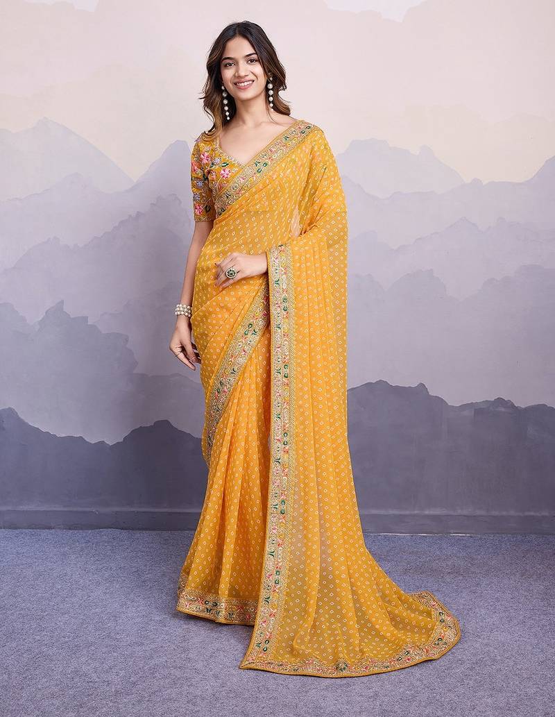Yellow georgette thared work embroidery border & leheriya printed saree whit blouse