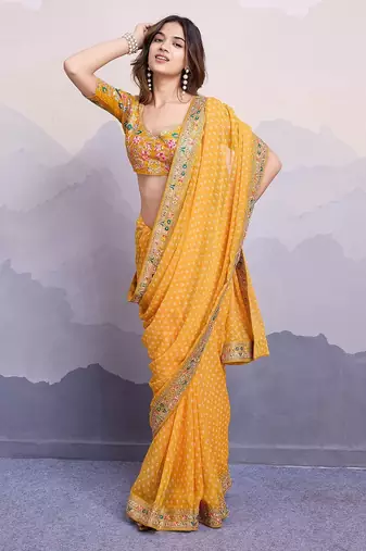 Yellow georgette thared work embroidery border & leheriya printed saree whit blouse