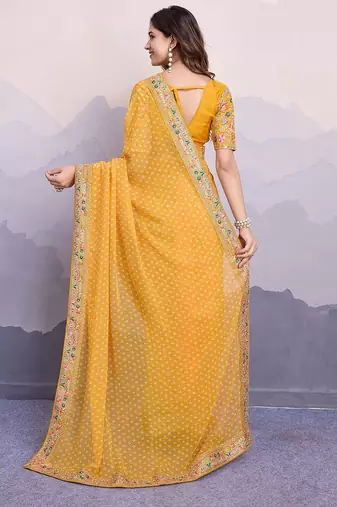 Yellow georgette thared work embroidery border & leheriya printed saree whit blouse