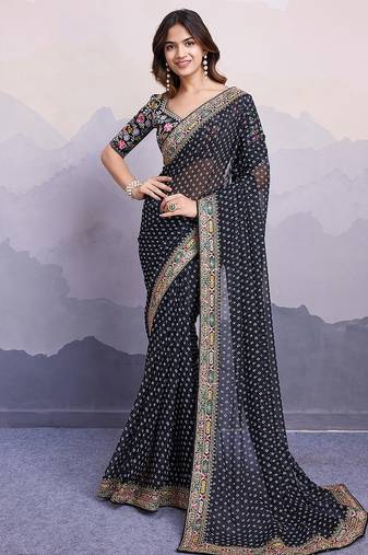 Black georgette thared work embroidery border & leheriya printed saree whit blouse