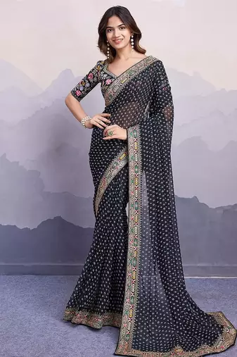 Black georgette thared work embroidery border & leheriya printed saree whit blouse
