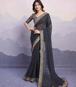 Black georgette thared work embroidery border & leheriya printed saree whit blouse