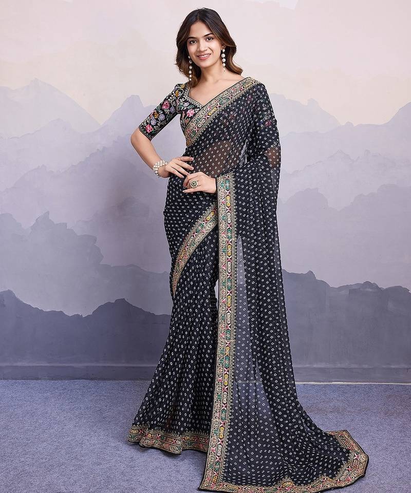 Black georgette thared work embroidery border & leheriya printed saree whit blouse