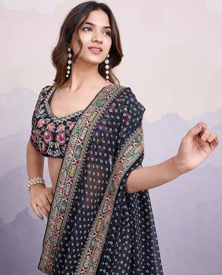 Black georgette thared work embroidery border & leheriya printed saree whit blouse 2