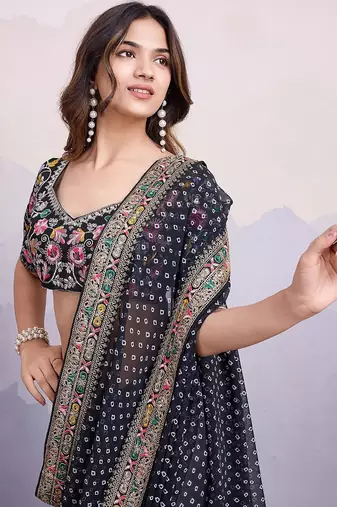 Black georgette thared work embroidery border & leheriya printed saree whit blouse
