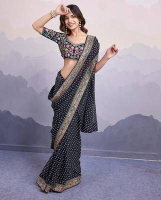 Black georgette thared work embroidery border & leheriya printed saree whit blouse 3