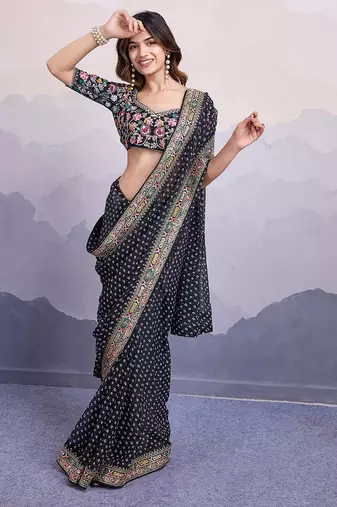 Black georgette thared work embroidery border & leheriya printed saree whit blouse