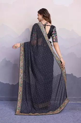 Black georgette thared work embroidery border & leheriya printed saree whit blouse